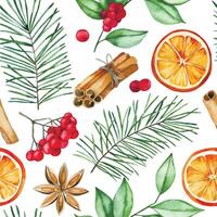 seamless Christmas pattern with ingredients for mulled wine. cinnamon, dried orange, berries and spruce branches vector
