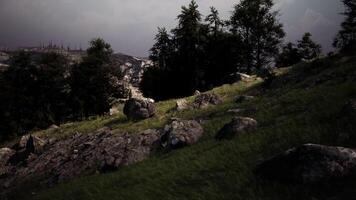 Lush green hillside with rocks under a cloudy sky in a tranquil natural setting video
