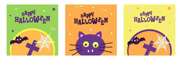 Set of Happy Halloween with calligraphy, cat, bat, spider web flat illustration and simple background for greeting sale banner, card, party invitation, advertising, web, social media, poster and flyer vector