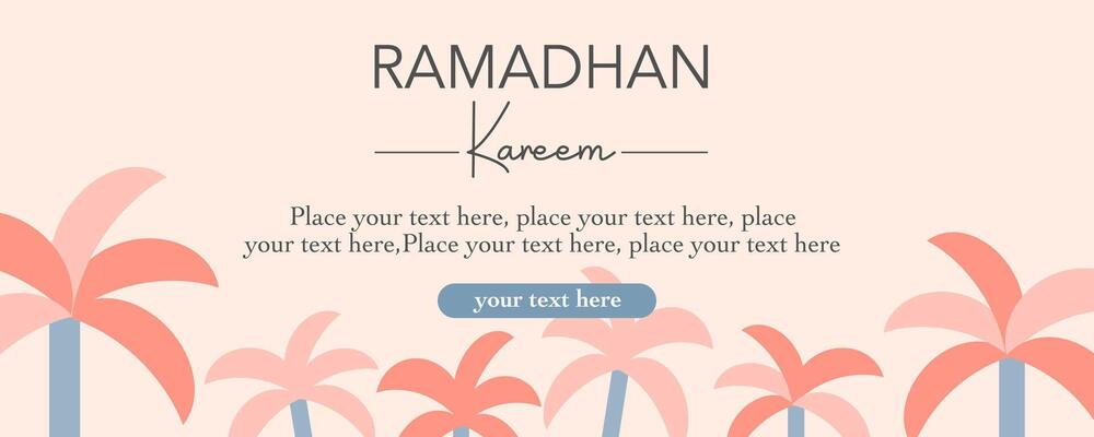Horizontal Trendy Ramadan Kareem template with arabic calligraphy, palm tree, modern and minimalist flat background in pastel color for banner, flyer, poster, greeting card, cover, and social media