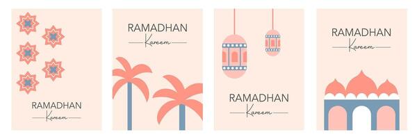 Ramadan Kareem set template with arabic calligraphy, pattern, mosque, palm tree, lantern, and minimalist flat background in pastel color for banner poster, greeting card, cover, and social media vector