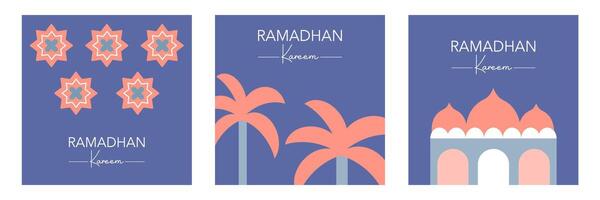 Trendy Ramadan Kareem set template with arabic calligraphy, pattern, mosque, palm tree, modern and minimalist flat background in pastel color for banner, poster, greeting card, cover, and social media vector