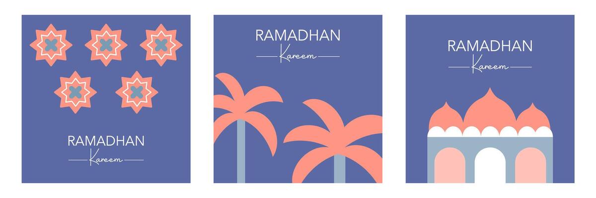 Trendy Ramadan Kareem set template with arabic calligraphy, pattern, mosque, palm tree, modern and minimalist flat background in pastel color for banner, poster, greeting card, cover, and social media