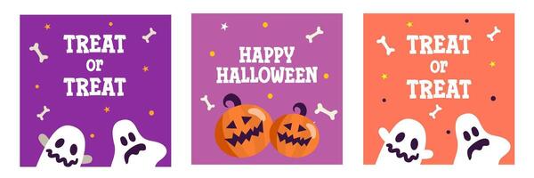 Set of Happy Halloween with calligraphy, ghost, pumpkin flat illustration and simple background for greeting sale banner, card, party invitation, advertising, web, social media, poster and flyer vector