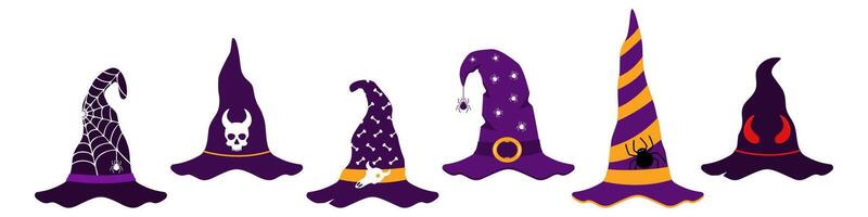 Halloween colorful hats. Purple cobweb decoration cap with spider and skull for creepy party and holiday carnival design vector