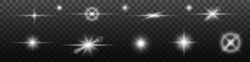 Stars and sunlight isolated set. Bright white explosions with magical sparks and starlight for blazing sun and luminaries with geometric blur vector