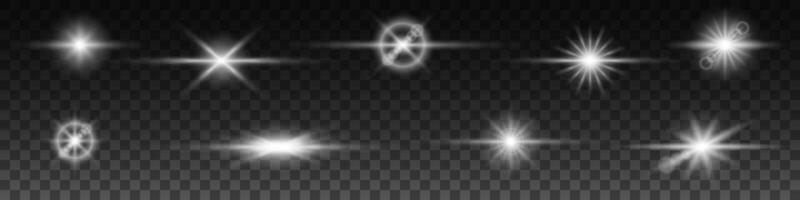 Stars and flares isolated set. Bright white explosions with magical sparks and starlight for blazing sun and luminaries with geometric blur vector