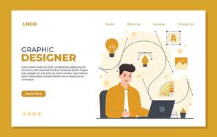 Graphic designer landing page template web site design template. Flat style modern illustration. Man working on laptop. vector