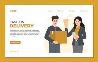 Delivery service landing page template Courier and customer in a flat style. cash on delivery cod vector