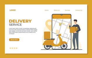 Delivery service landing page template. Delivery man with box and scooter on smartphone screen. illustration vector