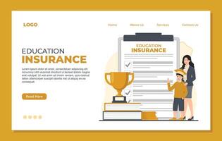 Education insurance landing page template concept. illustration in flat cartoon style. Student with diploma and trophy. vector