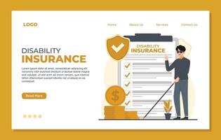 Disability insurance landing page template concept. blind Man in safety glasses and gloves standing near claim form. illustration in flat style vector