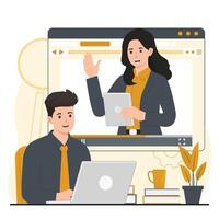 Online learning online education online course Man and woman sitting in front of laptop and waving hand. Man and woman working on computer in office. vector