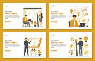 Graphic designer landing page template concept of creative process, brainstorming, teamwork, brainstorming. Landing page template. vector