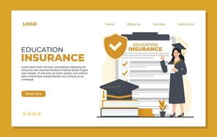 Education insurance landing page template concept illustration in flat style. Female student in graduation cap and gown with certificate on clipboard. vector