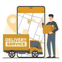 Delivery service concept. Flat design illustration. Smartphone with map and delivery man. vector
