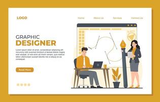Graphic designer landing page template web site design template. Business people working at the office. vector