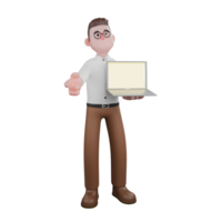 masculino sociólogo 3d modelo. uma masculino sociólogo é em pé com dele esquerda mão apontando às a labtop tela e dele certo mão apontando avançar. social png