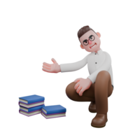 Illustrative 3D Male Sociologist. A male sociologist is sitting crouching with his hand reaching out at the pile of books in front of him. Male Professional png