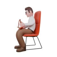 Sociologist in 3D. A male sociologist is sitting on a chair while holding a clipboard. Cartoon Illustrated png