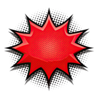 A comic book styled red speech bubble with a starburst shape outlined in black and black halftone pattern surrounding, on a transparent background. png
