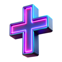 Cross with neon glow 3d icon isolated on the transparent background png