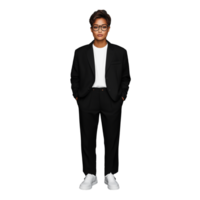 Young man in a black suit and white sneakers standing confidently, hands in pockets, transparent background png