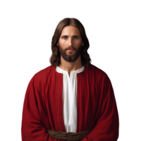 Man in red and white robe with long hair and a serious expression, standing calmly, transparent background png