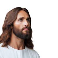 Side profile of a man with long brown hair and beard wearing a white robe, isolated on a transparent background png