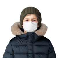 Young boy in a winter jacket and knit hat wearing a face mask, isolated on a transparent background png