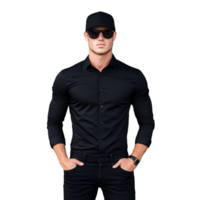 Man wearing a black shirt and sunglasses, posing confidently on a transparent background png
