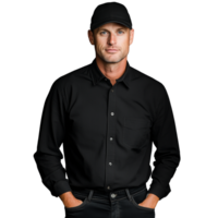 Man wearing a black shirt and cap, standing confidently on a transparent background png