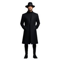 Man in a long black coat and hat standing formally on a transparent background png