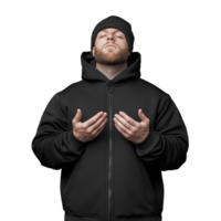 Man in a black hoodie raising his hands in a calm gesture on a transparent background png