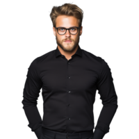 Bearded man in a black shirt and glasses standing confidently on a transparent background png