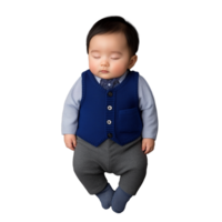 Baby sleeping peacefully in a blue vest and gray pants on a transparent background png
