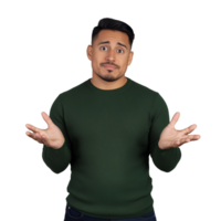 Man with a confused expression, raising his hands on a transparent background png