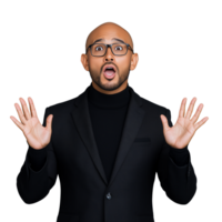 Bald man in a black suit expressing shock with hands raised, on a transparent background png