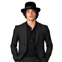 Man in a black suit and bowler hat posing on a transparent background png