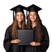 Two girls in graduation caps holding a diploma and smiling on a transparent background png