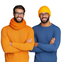Two men wearing colorful sweaters and hats standing with arms crossed and smiling on a transparent background png