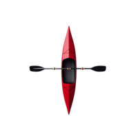 Top down view of a red kayak with black paddle, isolated on a transparent background png