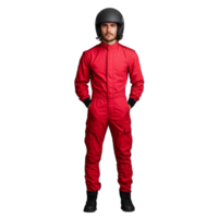 Man dressed in a red racing suit and black helmet, standing with hands on hips on a transparent background png