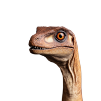 Close up of a dinosaur head with large eyes and a curious expression, on a transparent background png