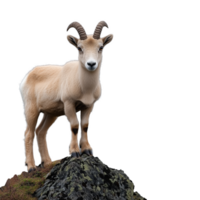 Mountain goat standing on a rocky surface with curved horns, on a transparent background png