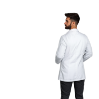 Man in a white lab coat with hands behind his back, looking away on a transparent background png