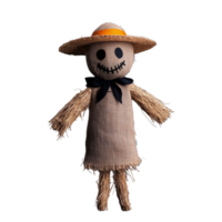 Cute scarecrow in straw clothing with a burlap hat, smiling and standing on a transparent background png