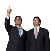 Two businessmen in suits pointing upward, looking focused, isolated on a transparent background png