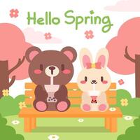 Hello Spring Illustration. Adorable Spring Scene. Bunny and Bear with Bubble Tea on a Park Bench. vector