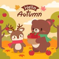 Hello Autumn Poster with Cute Bear and Deer in Apple Orchard. Cute Cartoon Autumn Illustration with Bear and Deer in Fall Forest. vector